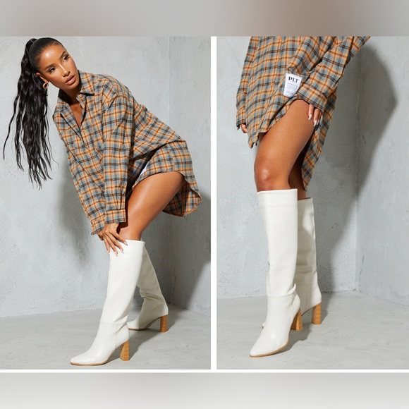 New Cream Block High Heel Women Knee Fall White Boots - Picture 3 of 7